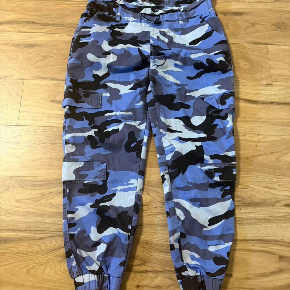 Y2K Style Blue camo baggy VIP jogger pants grunge concert Size 32